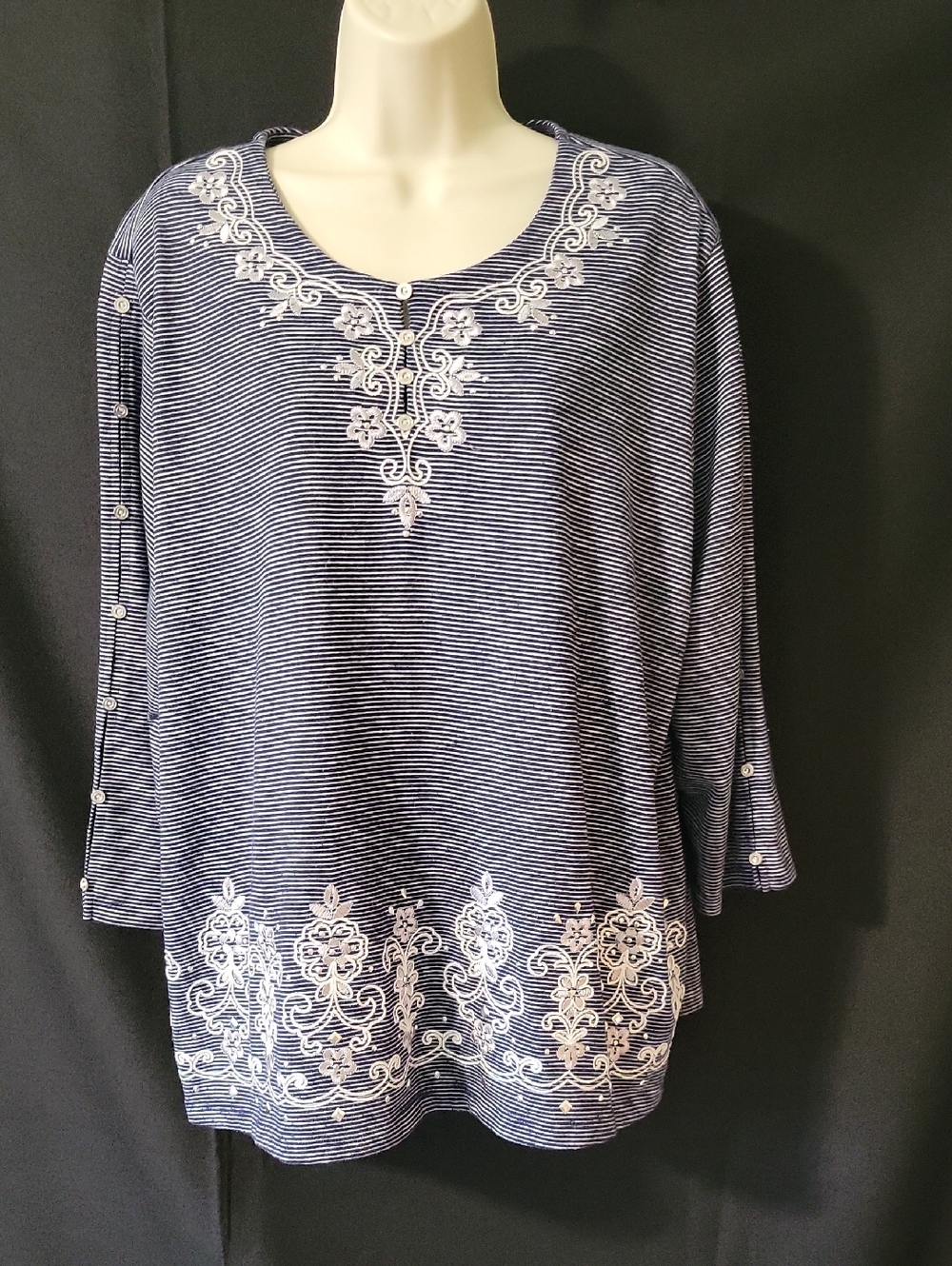 Alfred Dunner Navy & White Striped Embroidered Tunic